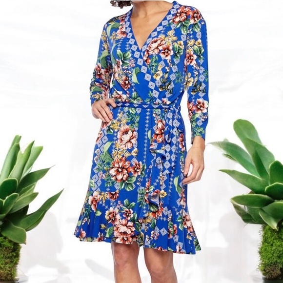 Eci New York Dress Womens Blue Midi Floral Wrap Floral Ladies size L - Picture 1 of 16